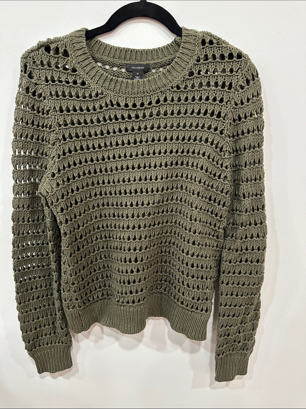 Halogen Olive Open-Knit Crew Sweater